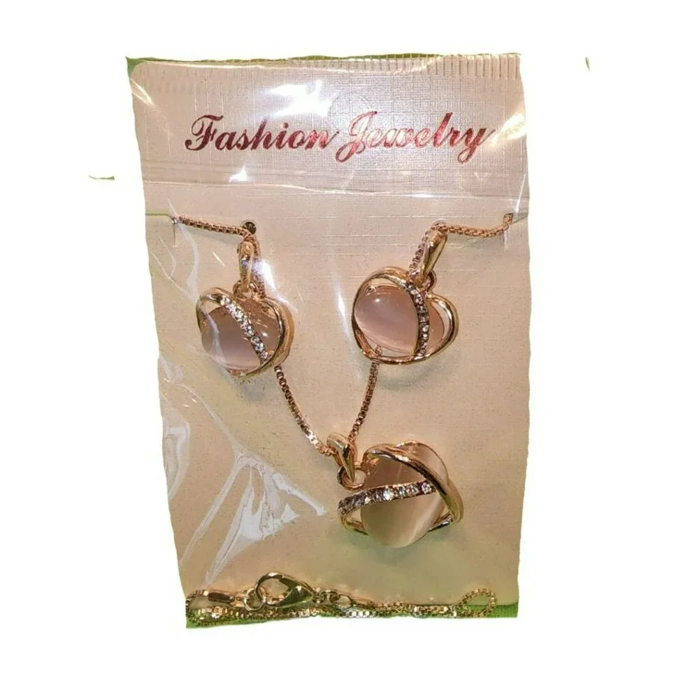 Rose Gold Heart Necklace & Earrings Set With Rhinestone Accents